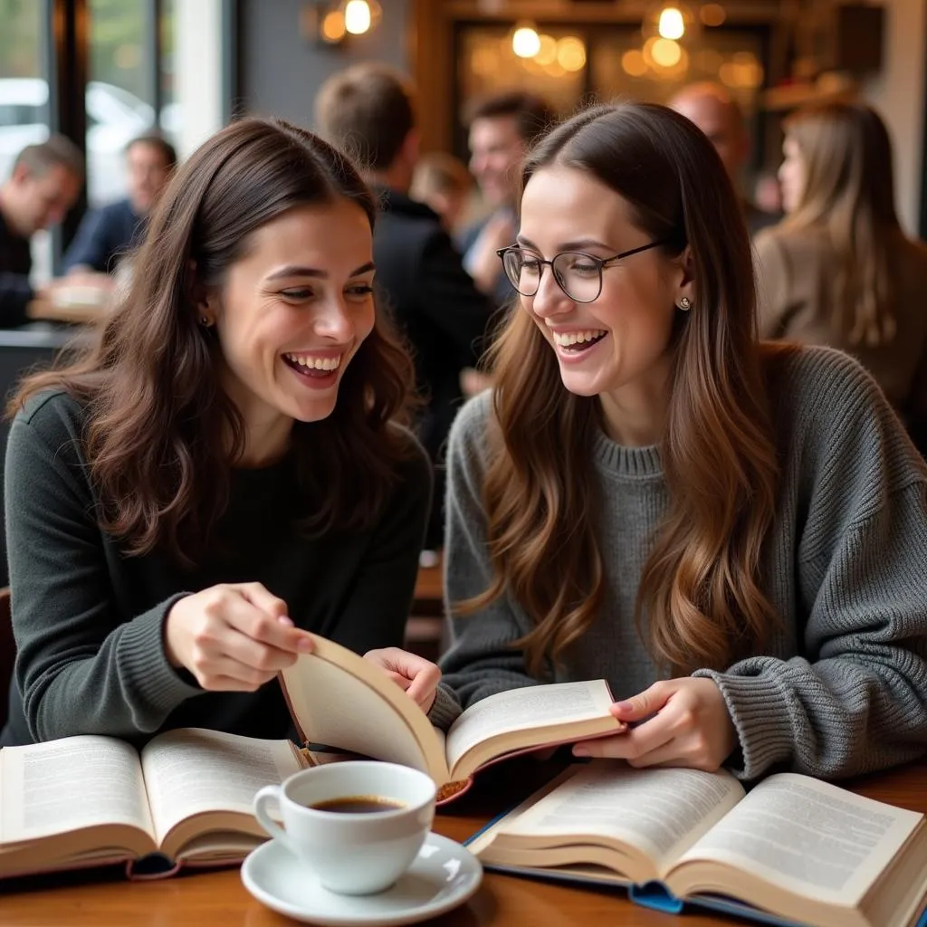 Two friends chatting about a book