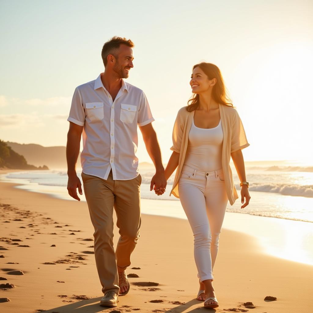 Couple holding hands walking on the beach