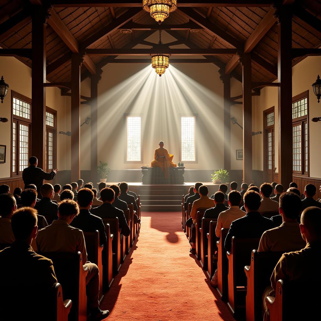 A Buddhist monk delivering a dharma talk to a large audience