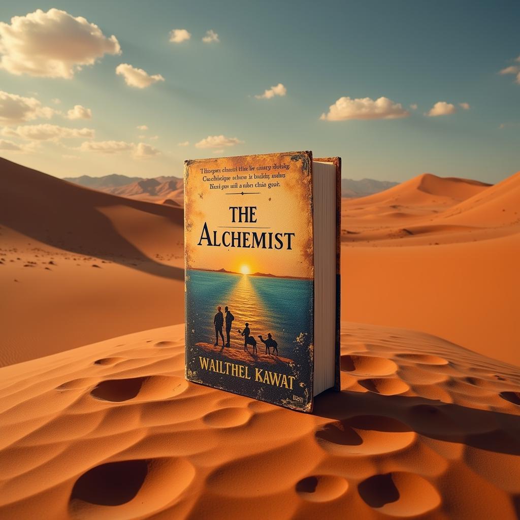 The Alchemist book cover with a desert background