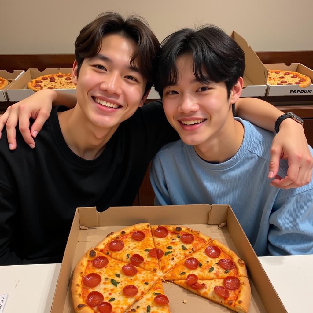 Jungkook vui vẻ thưởng thức pizza cùng V