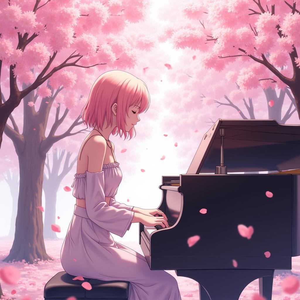 Kanade chơi piano dưới tán hoa anh đào