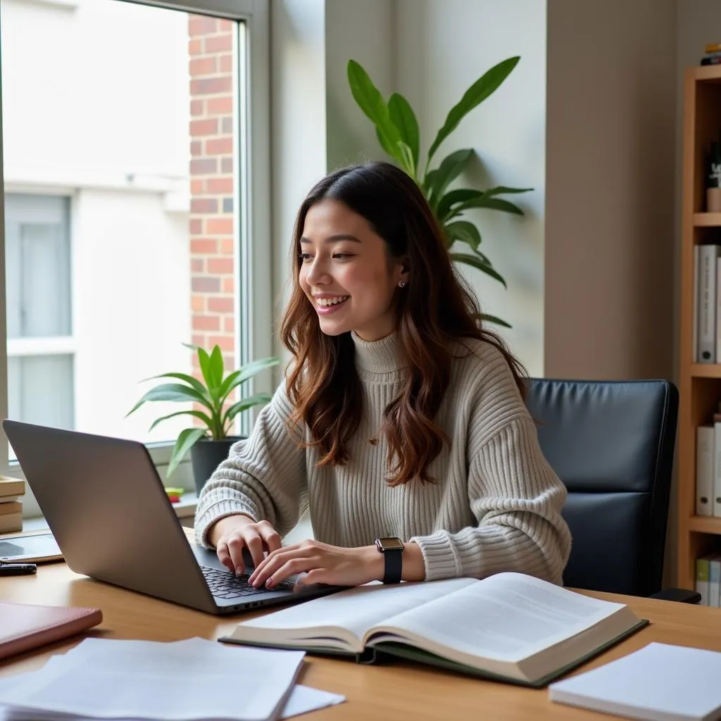 A person smiling while working on their laptop, representing the joy of doing what they love.