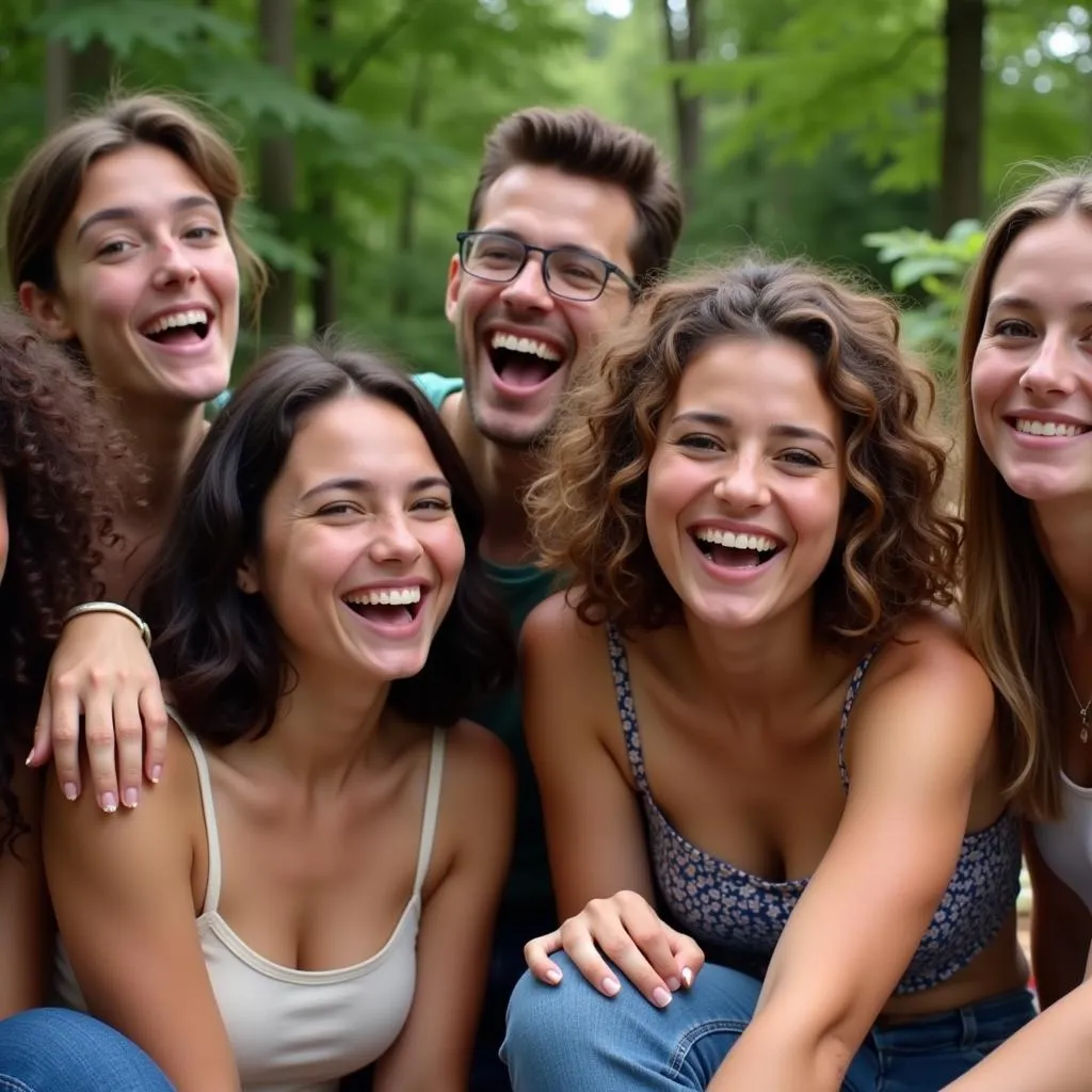 A group of friends laughing together, symbolizing the happiness of shared experiences.