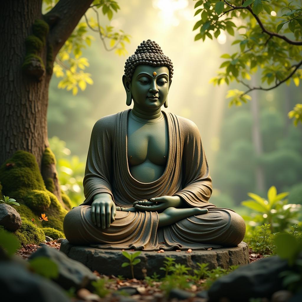 An image depicting Buddha with a serene expression, surrounded by lush nature and soft light. The image should convey peace, wisdom, and compassion.