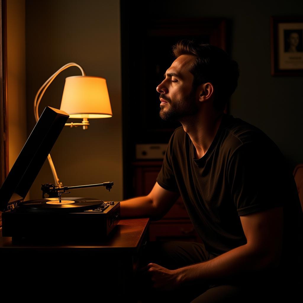 Man listening to music on a vinyl record player