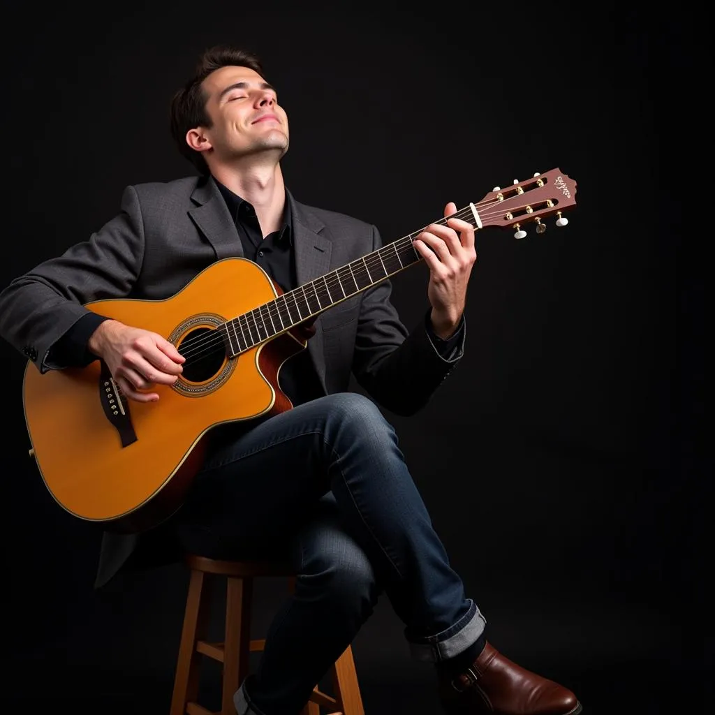 A man fully immersed in playing the guitar