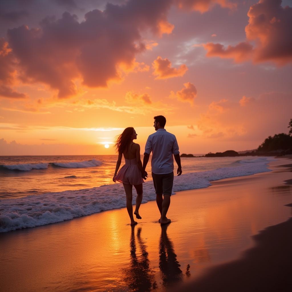 A couple holding hands, walking on a beach at sunset, with a dreamy, romantic filter