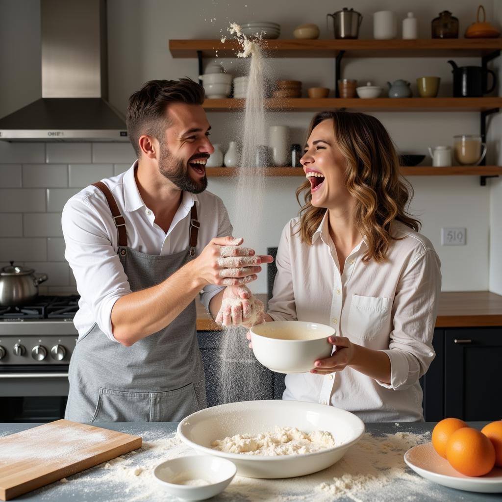 A couple laughing while cooking