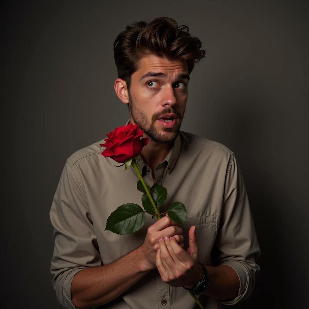 A man holding a red rose, ready to confess his feelings