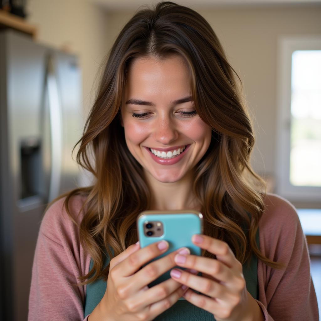 A girl is sending a playful text message on her phone, smiling mischievously.