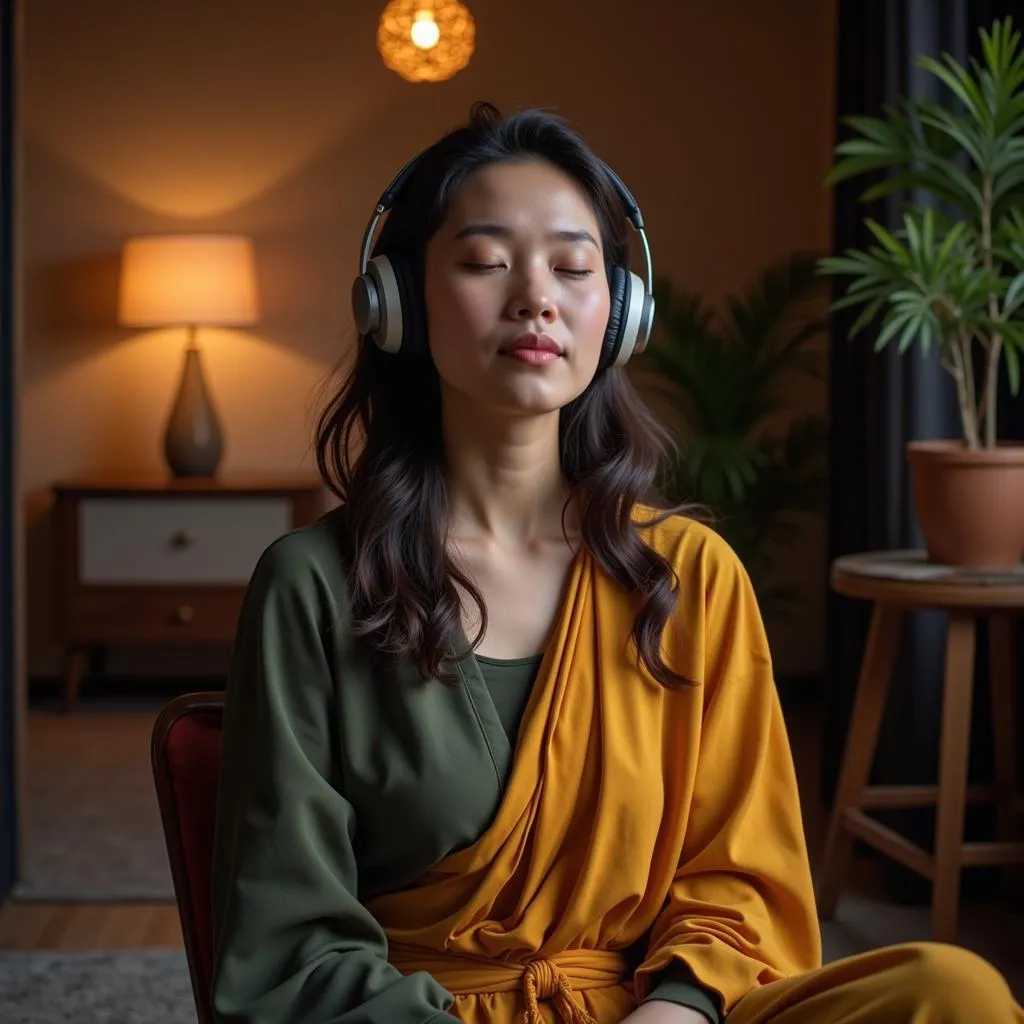 A woman listening to Buddhist teachings with a serene expression.