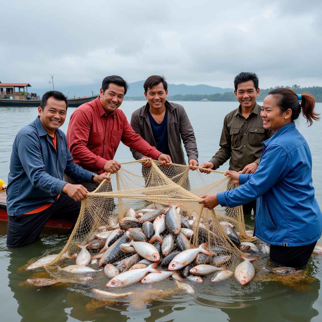 Fishermen pulling in a net full of fish