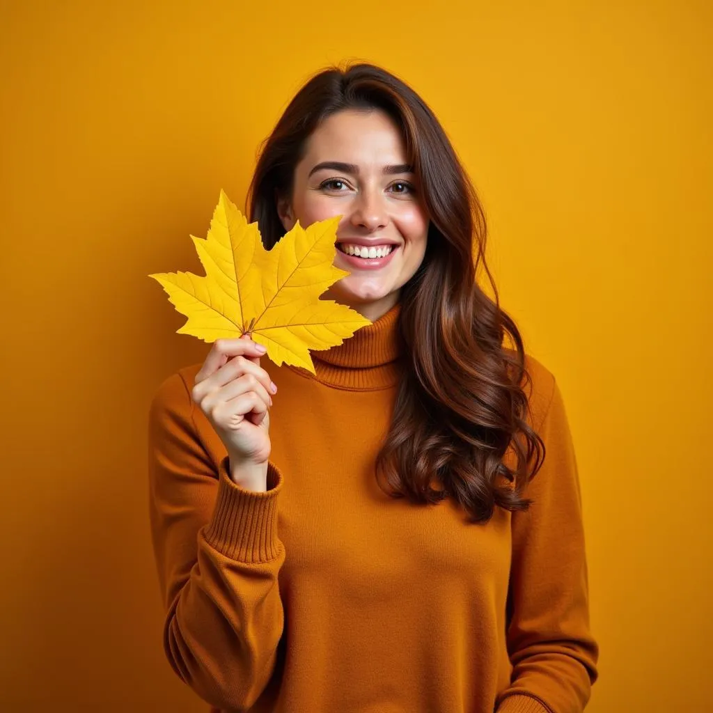 Woman Holding a Yellow Leaf in Autumn