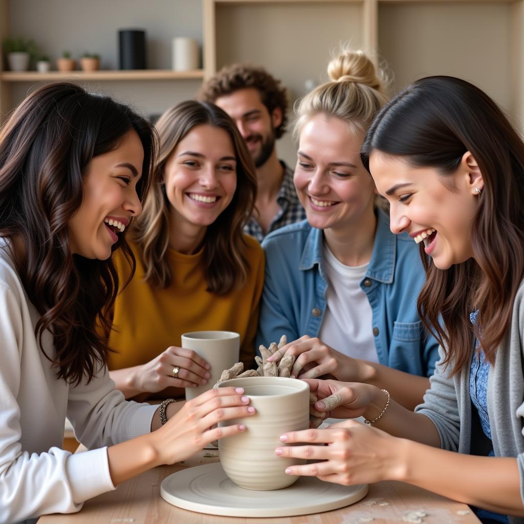 Group of friends attending a pottery class