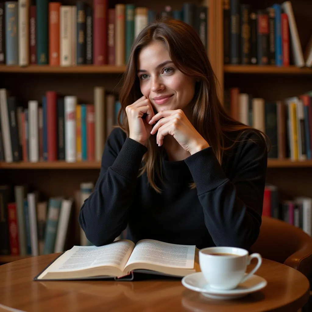 Woman reading a book in a library