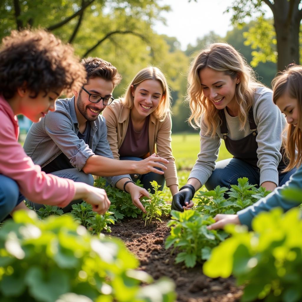 People volunteering and helping each other in a community garden