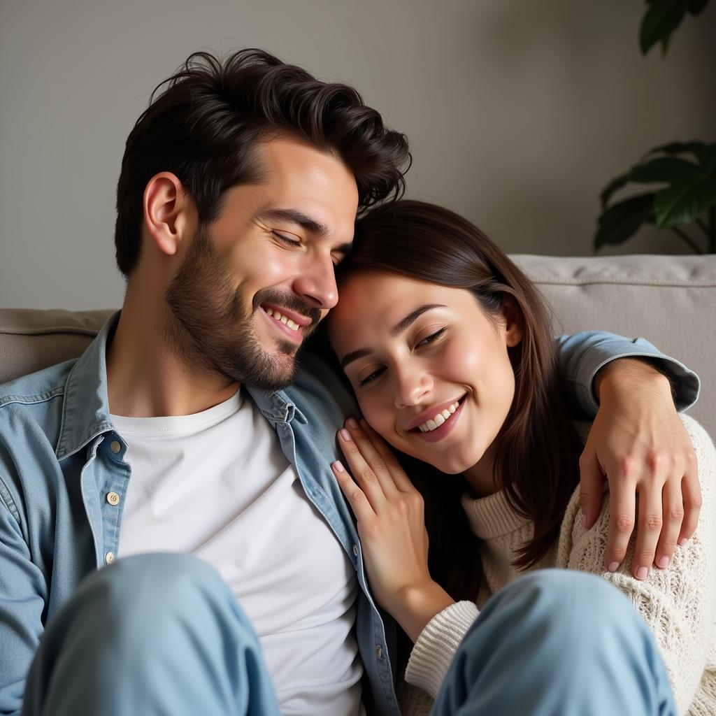 Couple cuddling on the couch