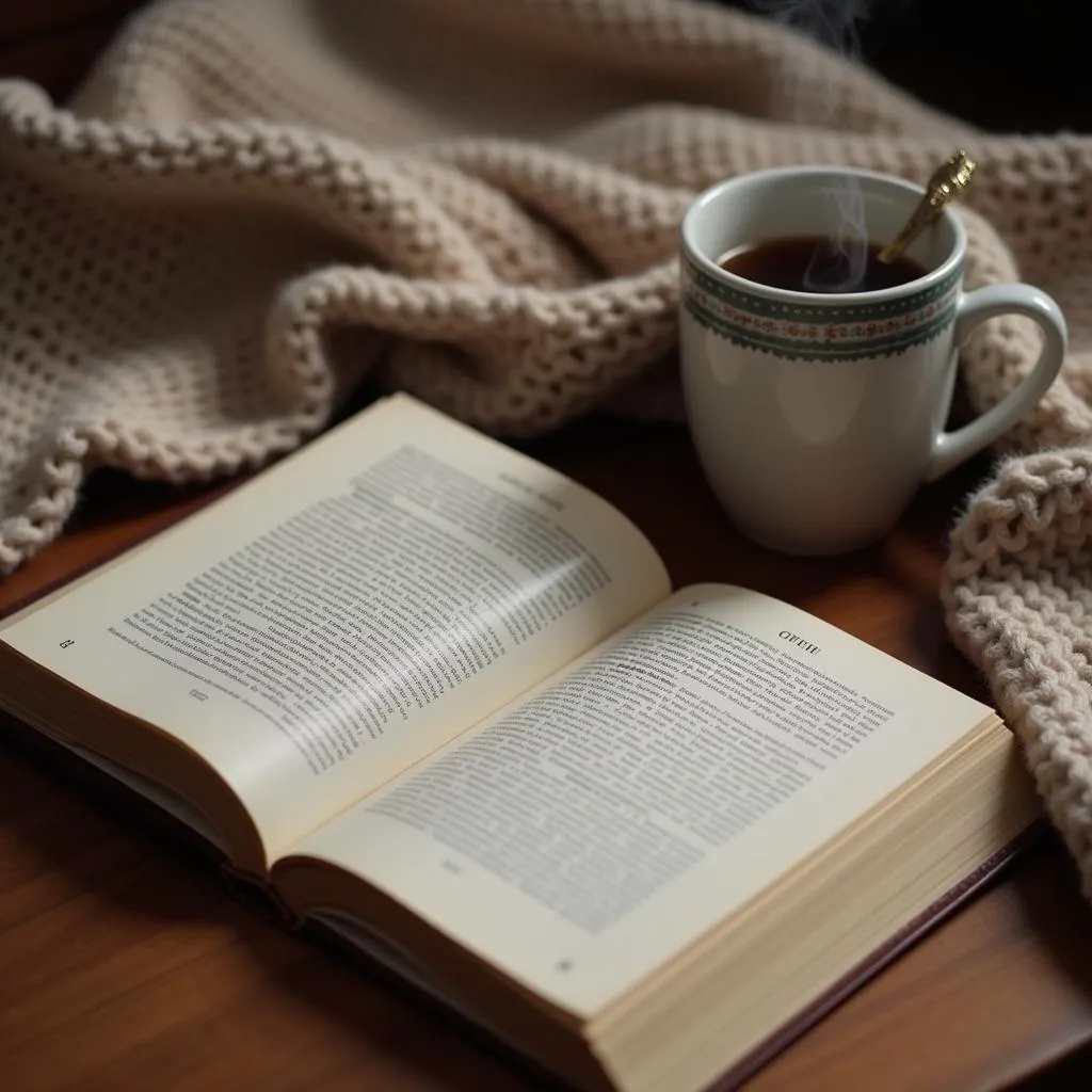 An open book accompanied by coffee and a blanket