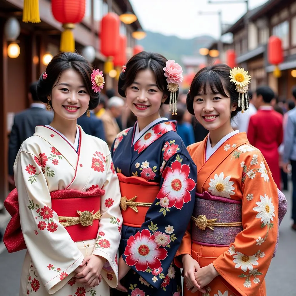 Japanese women in kimono at a traditional festival