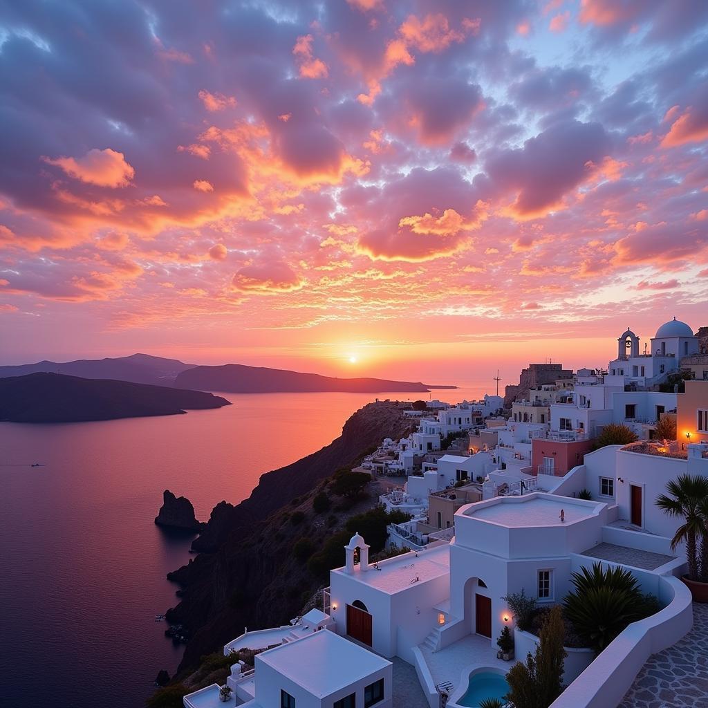 Hoàng hôn rực rỡ trên biển Aegean ở Santorini, Hy Lạp