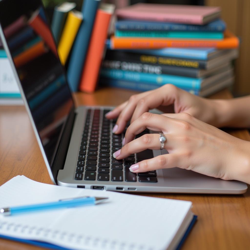 Student Writing Essay with Laptop