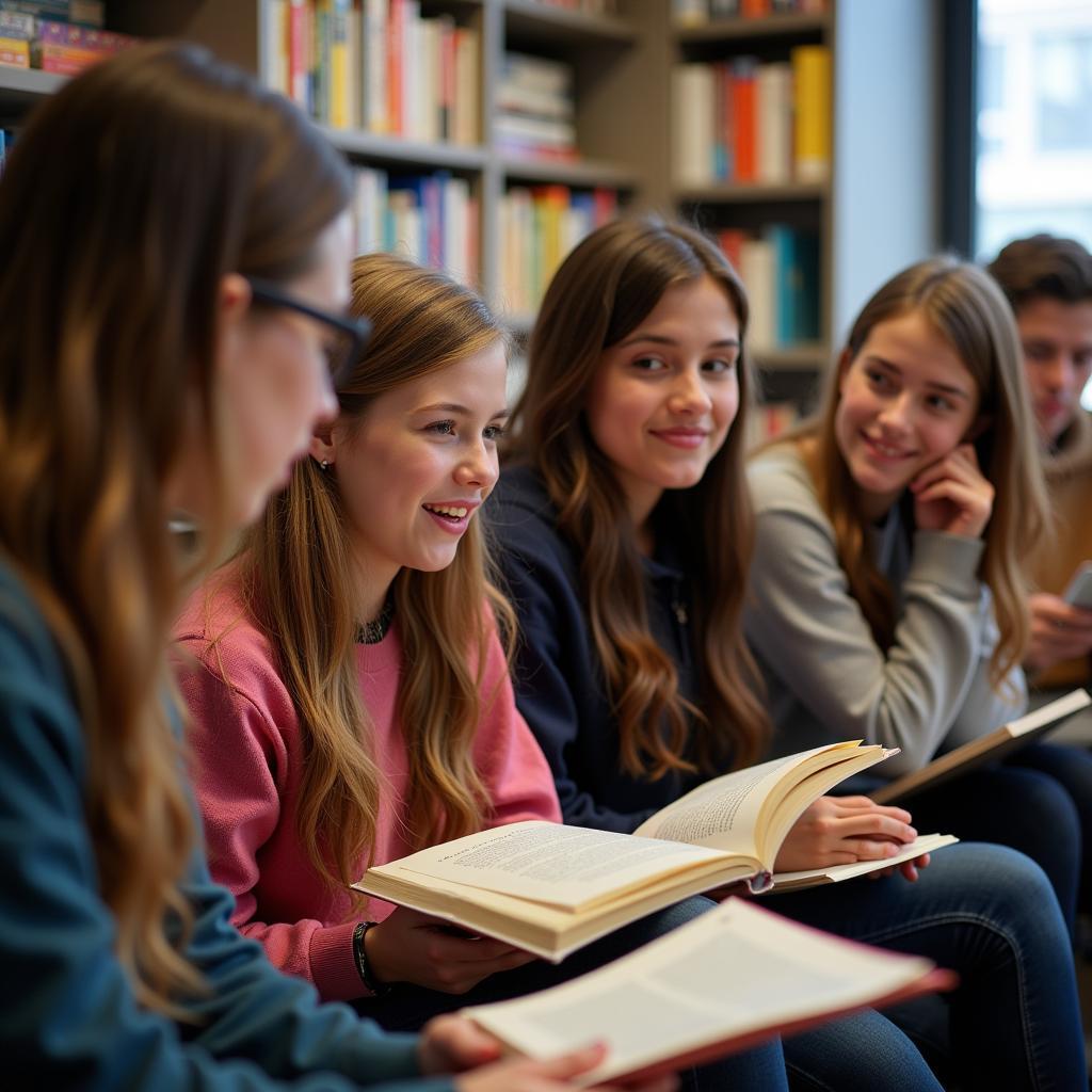 Group of students engaged in a lively discussion about books