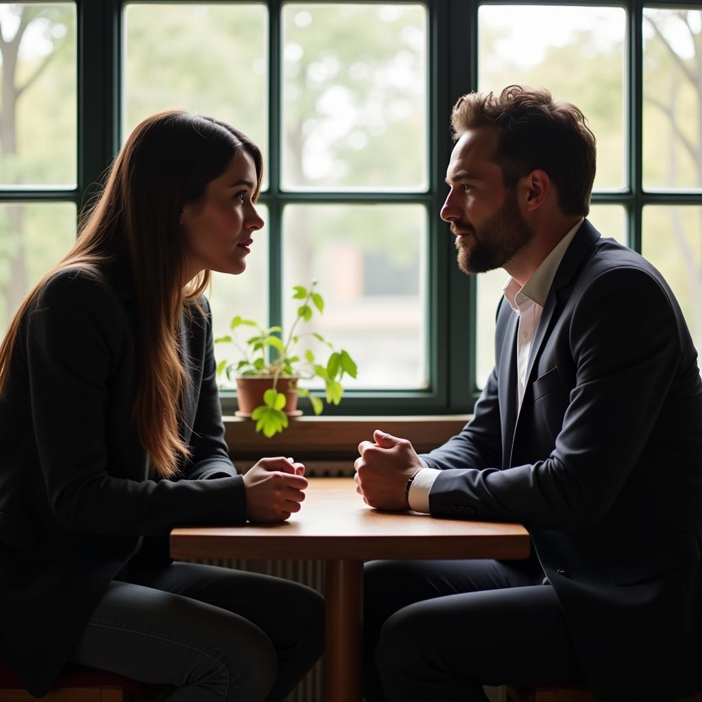 A man and a woman are sitting at a table talking, he's listening attentively.