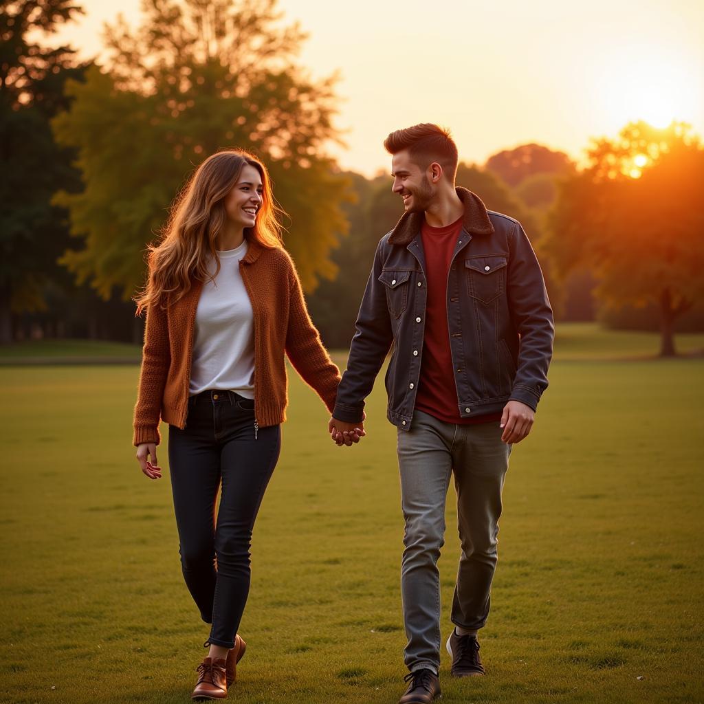 A couple holding hands and laughing