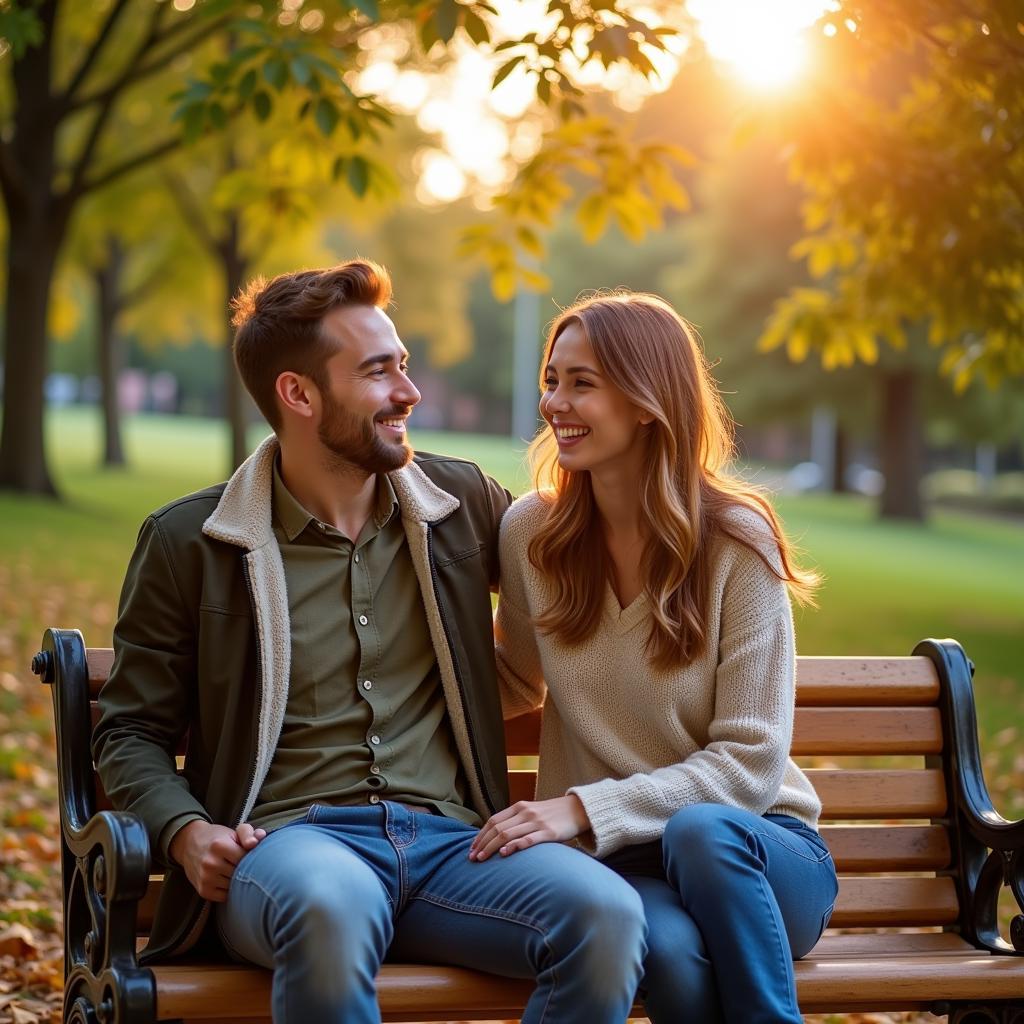 Couple laughing together on a park bench