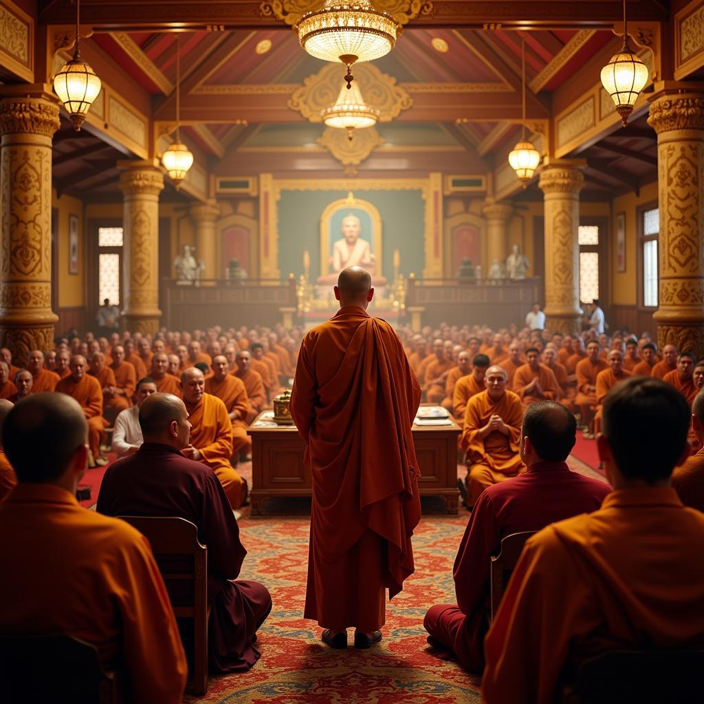 Thích Pháp Hòa preaching to a large crowd in a temple