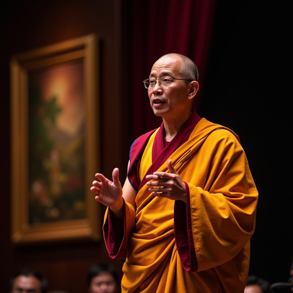 A Buddhist monk, his face radiating serenity, addresses a large audience seated on the floor.