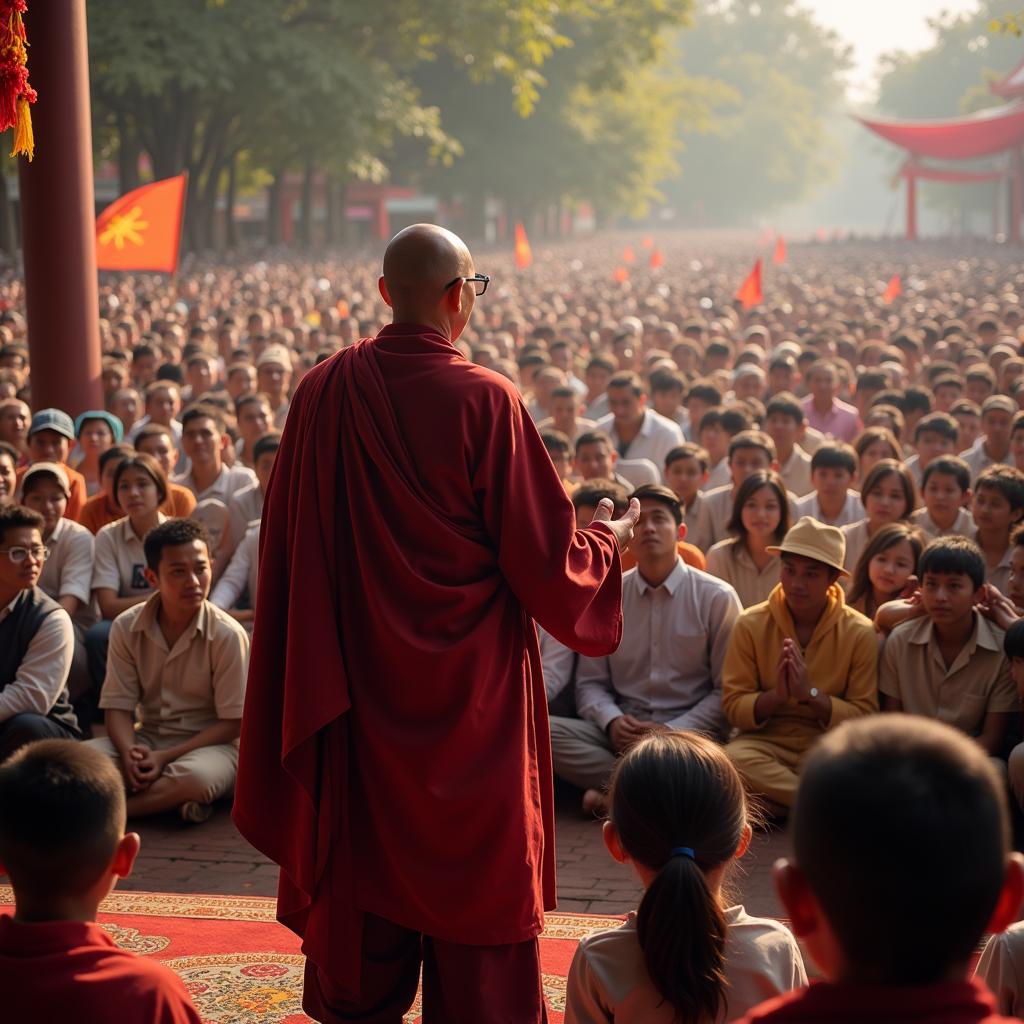 A monk delivering a Dharma talk to a large audience.