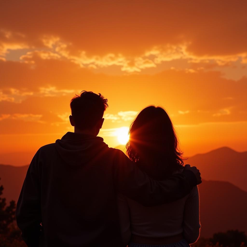 Two figures, a young man and woman, standing with their backs to the camera, silhouetted against a vibrant sunset.