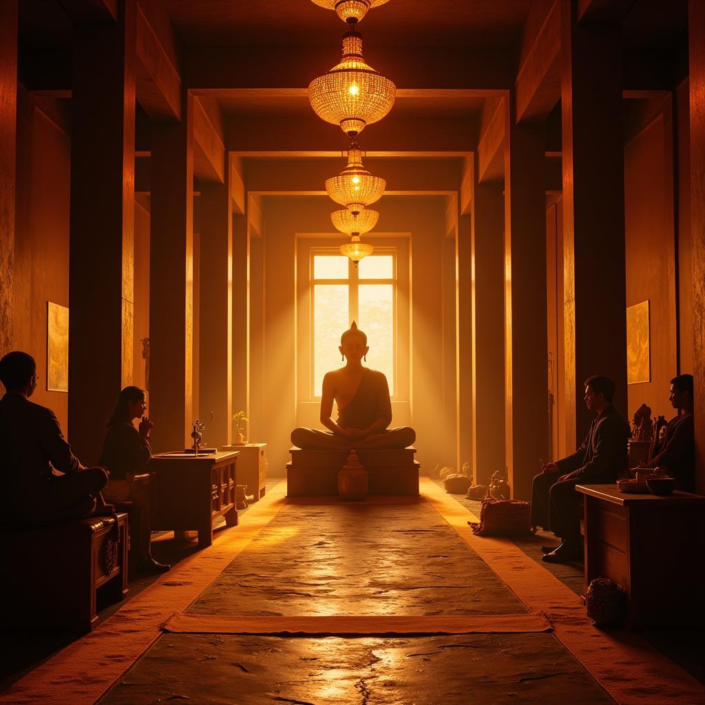 A group of Buddhist monks in traditional robes performing a ceremony inside the main hall of Chùa Thầy Thích Chân Quang, with burning incense and soft candlelight creating a serene atmosphere.