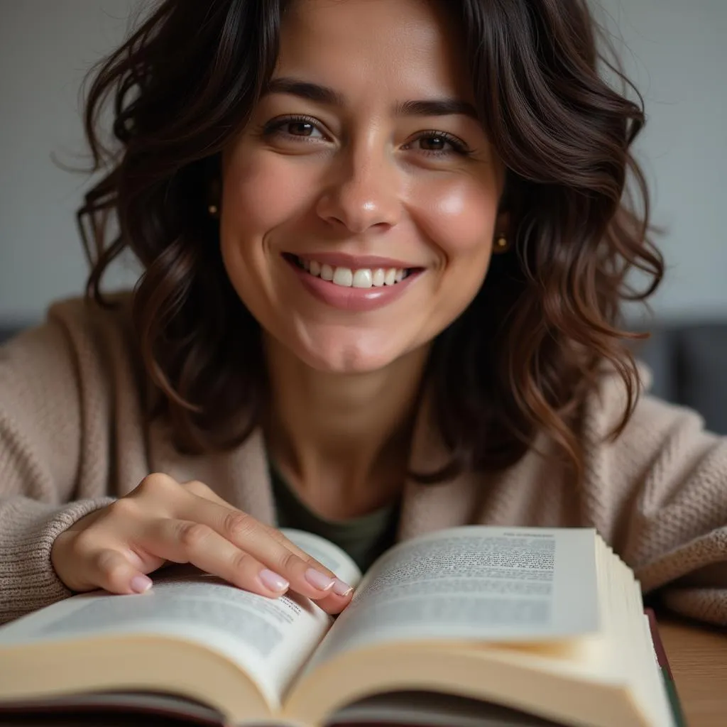 A woman engrossed in a book, smiling at a passage