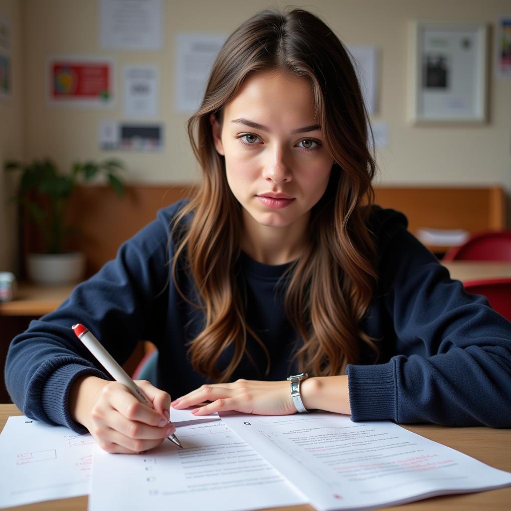 Young woman focused on solving English exercises