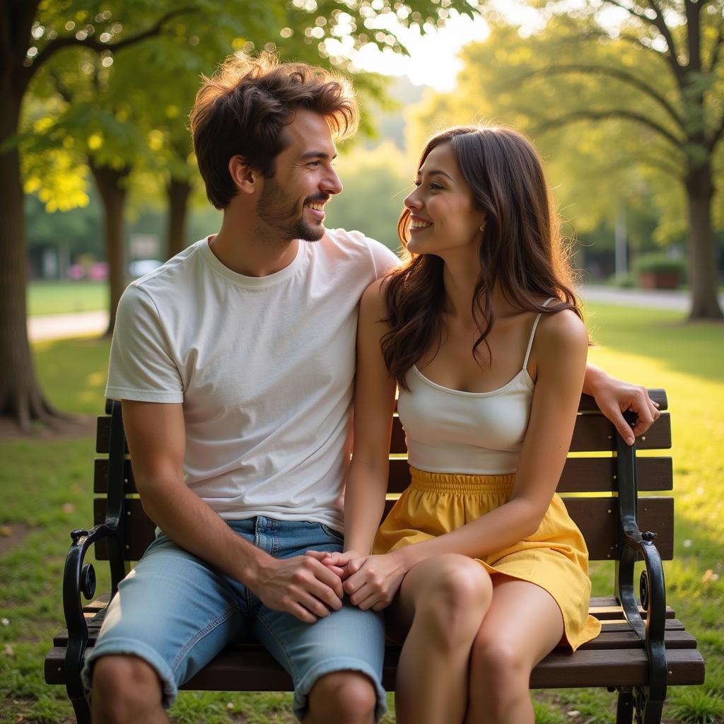 A loving couple sitting together on a park bench, holding hands and sharing a quiet moment.