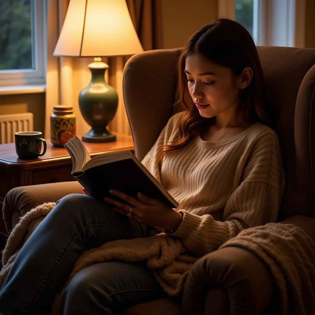 A woman engrossed in a book in her living room