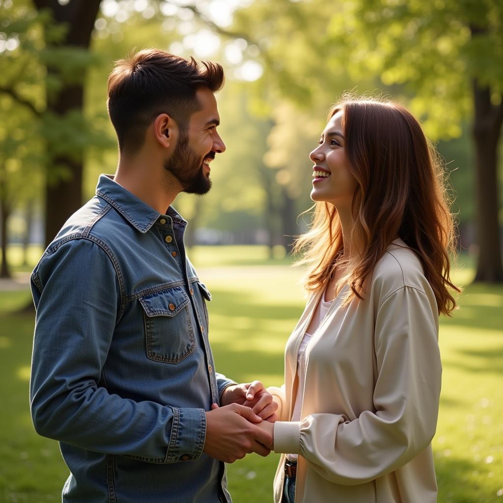 A couple holding hands, smiling happily, symbolizing the joy and connection of a blossoming relationship.