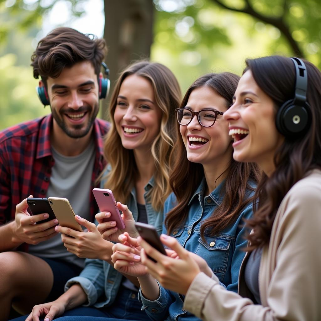 Hình ảnh minh họa về những người bạn đang cười đùa vui vẻ và nghe audio hài hước qua điện thoại