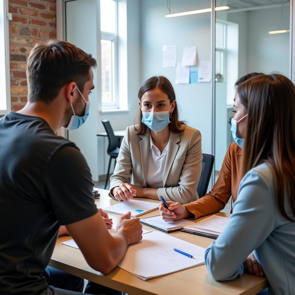 Bí quyết bán mask thành công: Hình ảnh một nhóm người đang thảo luận về chiến lược kinh doanh mask, tập trung vào chất lượng sản phẩm, dịch vụ khách hàng và marketing.