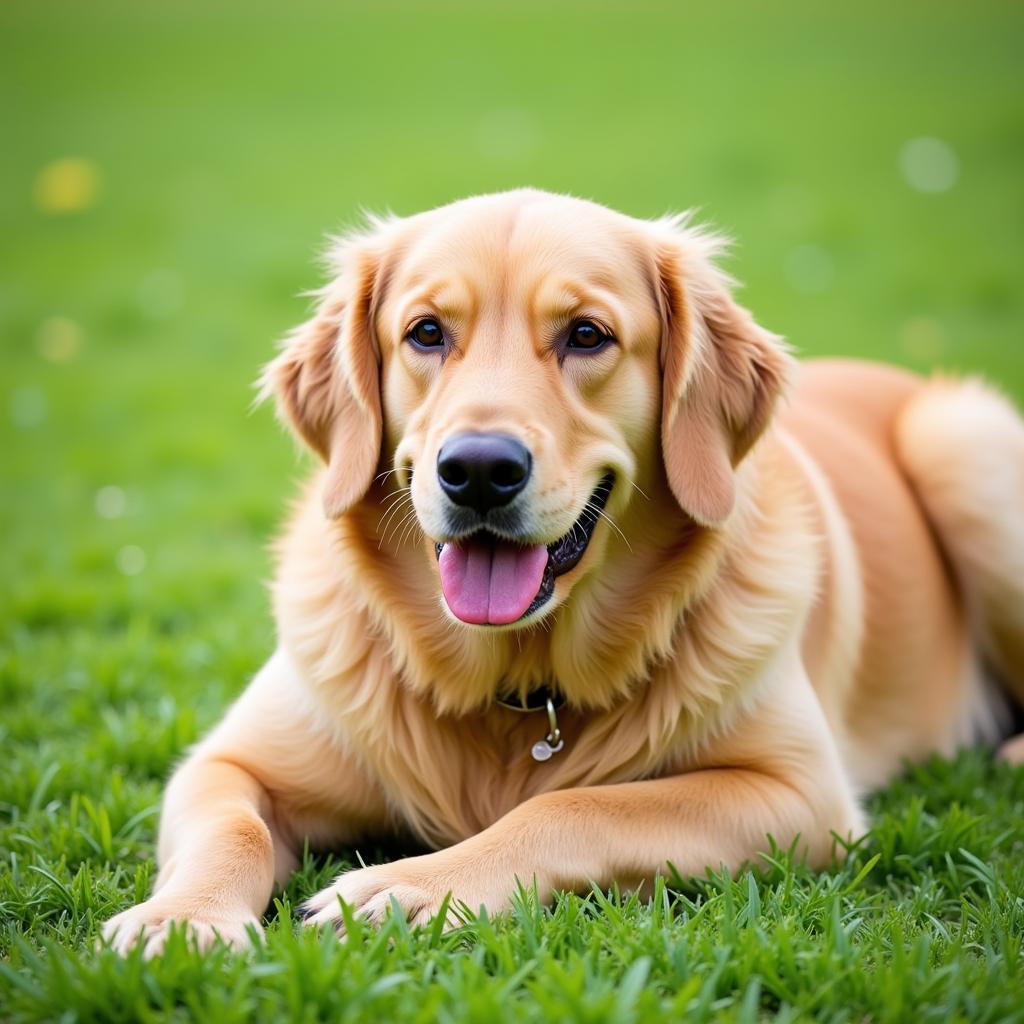 Chú chó Golden Retriever đáng yêu đang nằm trên cỏ