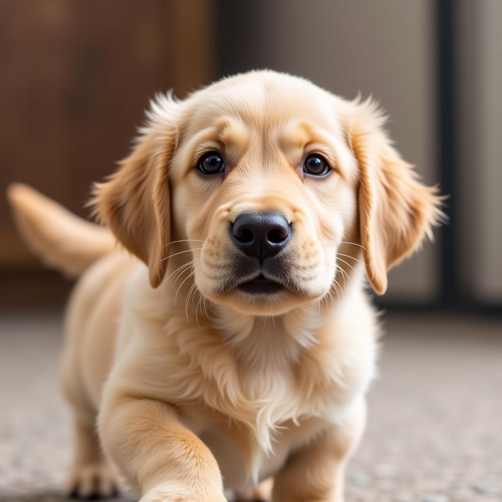 Hình ảnh chú chó Golden Retriever đáng yêu với bộ lông vàng óng, đôi mắt to tròn long lanh và chiếc đuôi ngoe nguẩy.