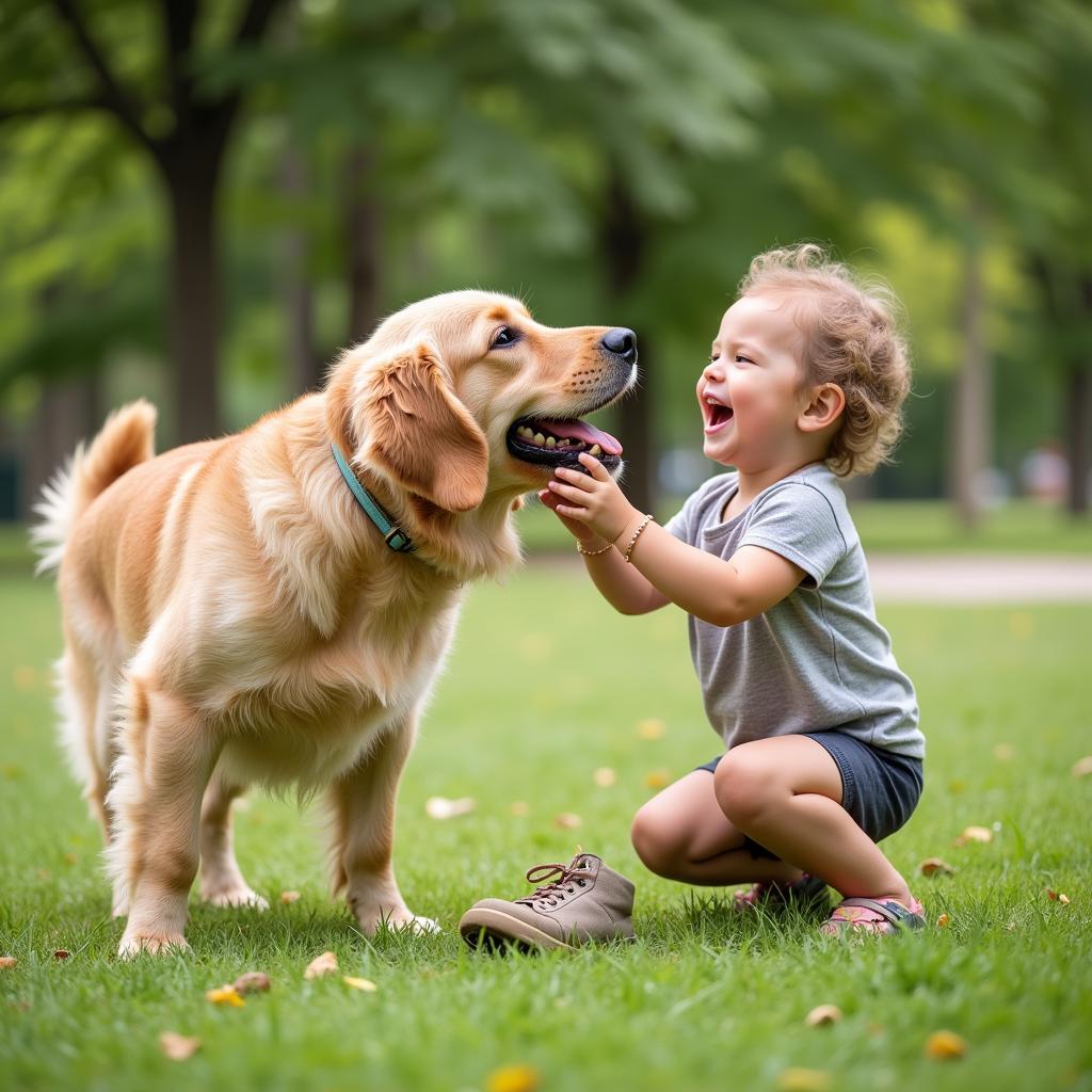 Chó Golden Retriever chơi đùa cùng trẻ em