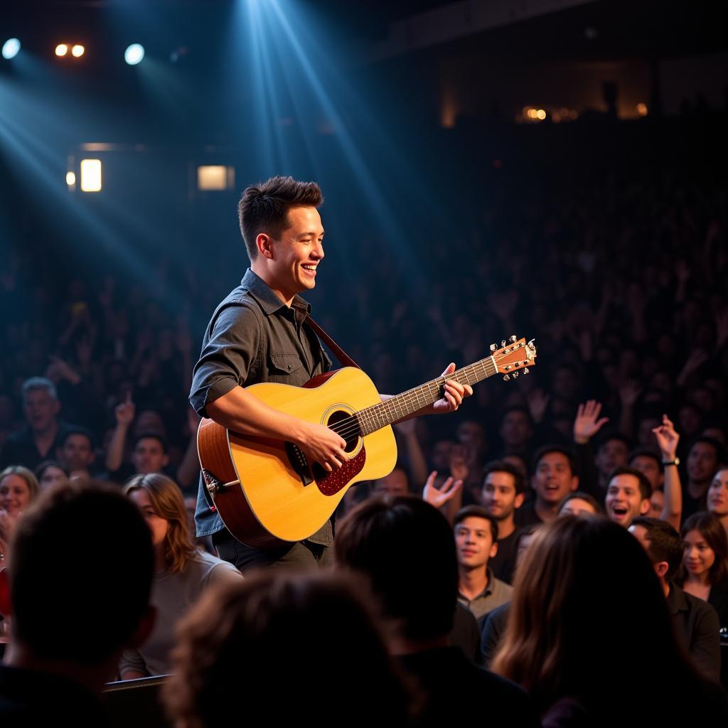 Chris Khoa Nguyễn đang chơi guitar acoustic trên sân khấu.