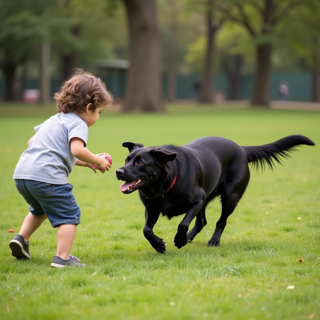 Chú chó Mực chơi bóng cùng chủ nhỏ