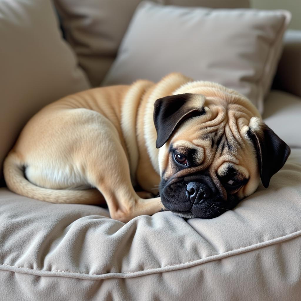 Chú chó Pug đang ngủ trên ghế sofa