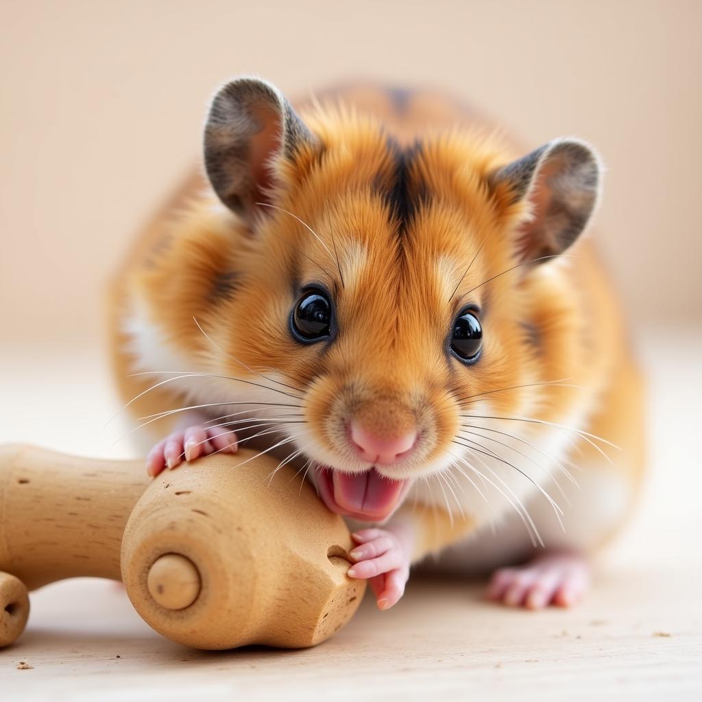 Chuột hamster gặm đồ chơi gỗ