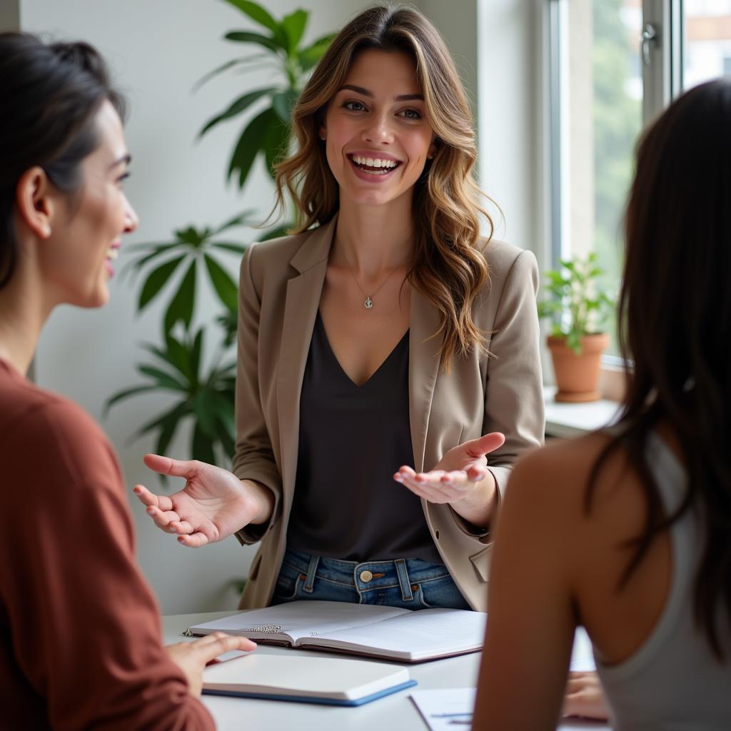 A confident woman engaging in a conversation. Her posture is open and she maintains eye contact, demonstrating self-assuredness without arrogance.